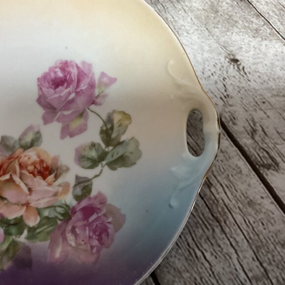 Vintage Germany Porcelain Handled Cake Plate Floral Rose Motif Pastels 9" - Picture 4 of 5
